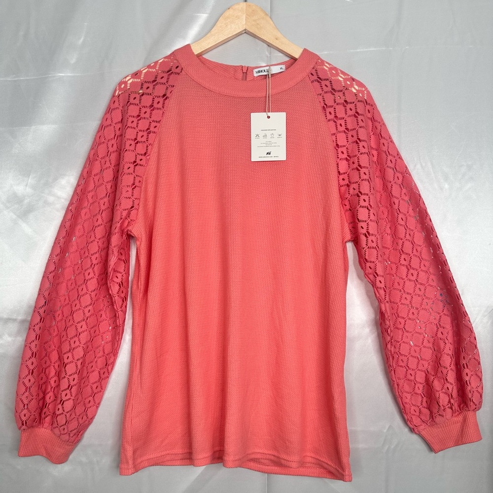 NWT Miholl Coral Pink Long Sleeve Top Size XL – Crochet Lace Balloon Sleeves